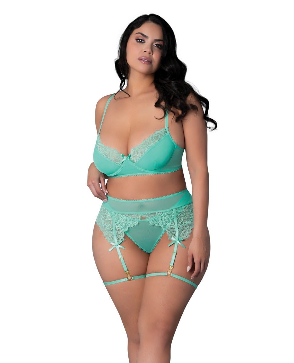 Caribbean Crush Demi Bra w/Thong & Garters 3 pc Set - Aqua QN | Shop Lowest Prices at fonlove.shop