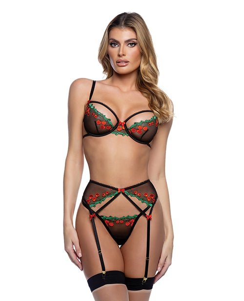 Cherry Delight Embroidered Lace and Mesh Underwire Bra w/Garter & G - String 3 pc Set - Black XL | Shop Lowest Prices at fonlove.shop