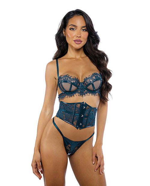 Eden Scalloped Eyelash Lace & Wet Look Waspie 3 pc Set - Teal XL | Shop Lowest Prices at fonlove.shop