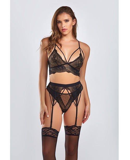 Everly Dot Mesh & Galloon Lace Strappy Bra, Garterbelt & Hipster Panty Black | Shop Lowest Prices at fonlove.shop