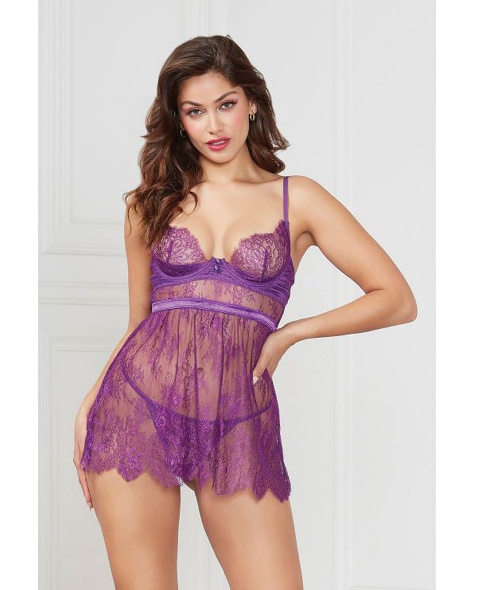 Floral Eyelash Lace Underwire Babydoll w/Thong 2 pc Set - Purple LG | Shop Lowest Prices at fonlove.shop