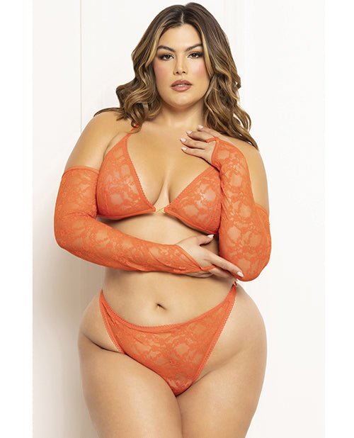 Floral Lace Halter Triangle Top w/Thong & Gauntlet Gloves 3 pc Set - Tangerine QN | Shop Lowest Prices at fonlove.shop