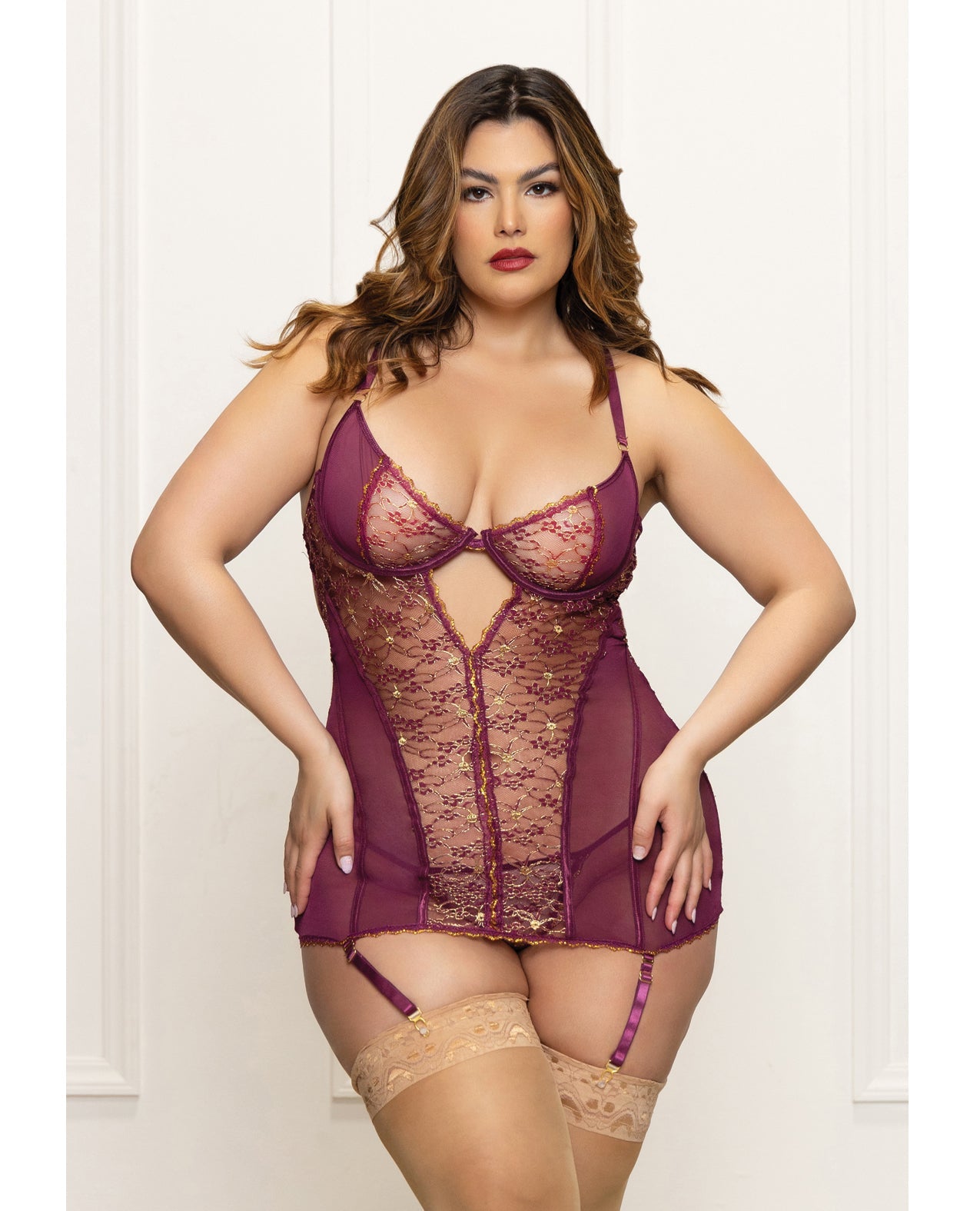 Metallic Lace with Mesh Gartered Chemise & Thong - Plum 1X/2X | Shop Lowest Prices at fonlove.shop