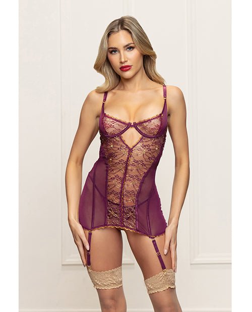 Metallic Lace with Mesh Gartered Chemise & Thong - Plum LG | Shop Lowest Prices at fonlove.shop