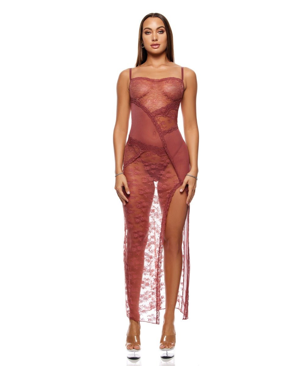 Patch Of Petals Sheer Mesh and Lace Gown w/Thong 2 pc Set - Mauve SM | Shop Lowest Prices at fonlove.shop