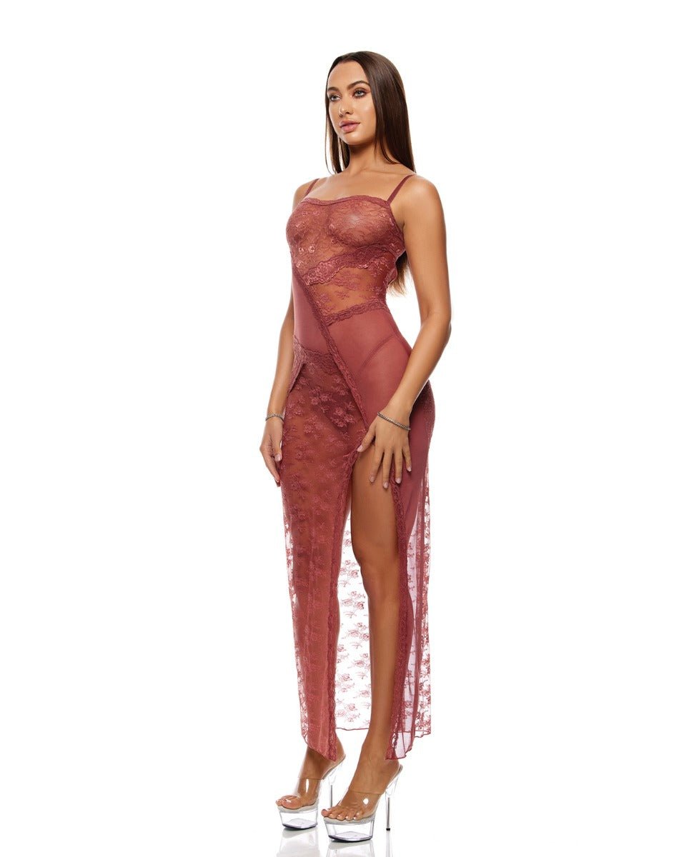 Patch Of Petals Sheer Mesh and Lace Gown w/Thong 2 pc Set - Mauve SM | Shop Lowest Prices at fonlove.shop