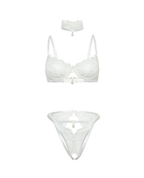 Pearla Lace Underwire Bra & Open Back Panty w/Matching Collar 3 pc Set - White L/XL | Shop Lowest Prices at fonlove.shop
