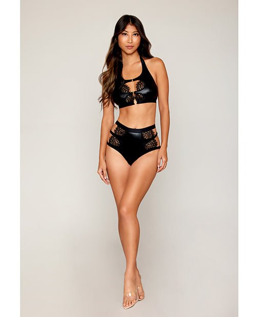 Stretch Faux Leather and Eyelash Lace Bralette with High - Waisted Panty | Shop Lowest Prices at fonlove.shop
