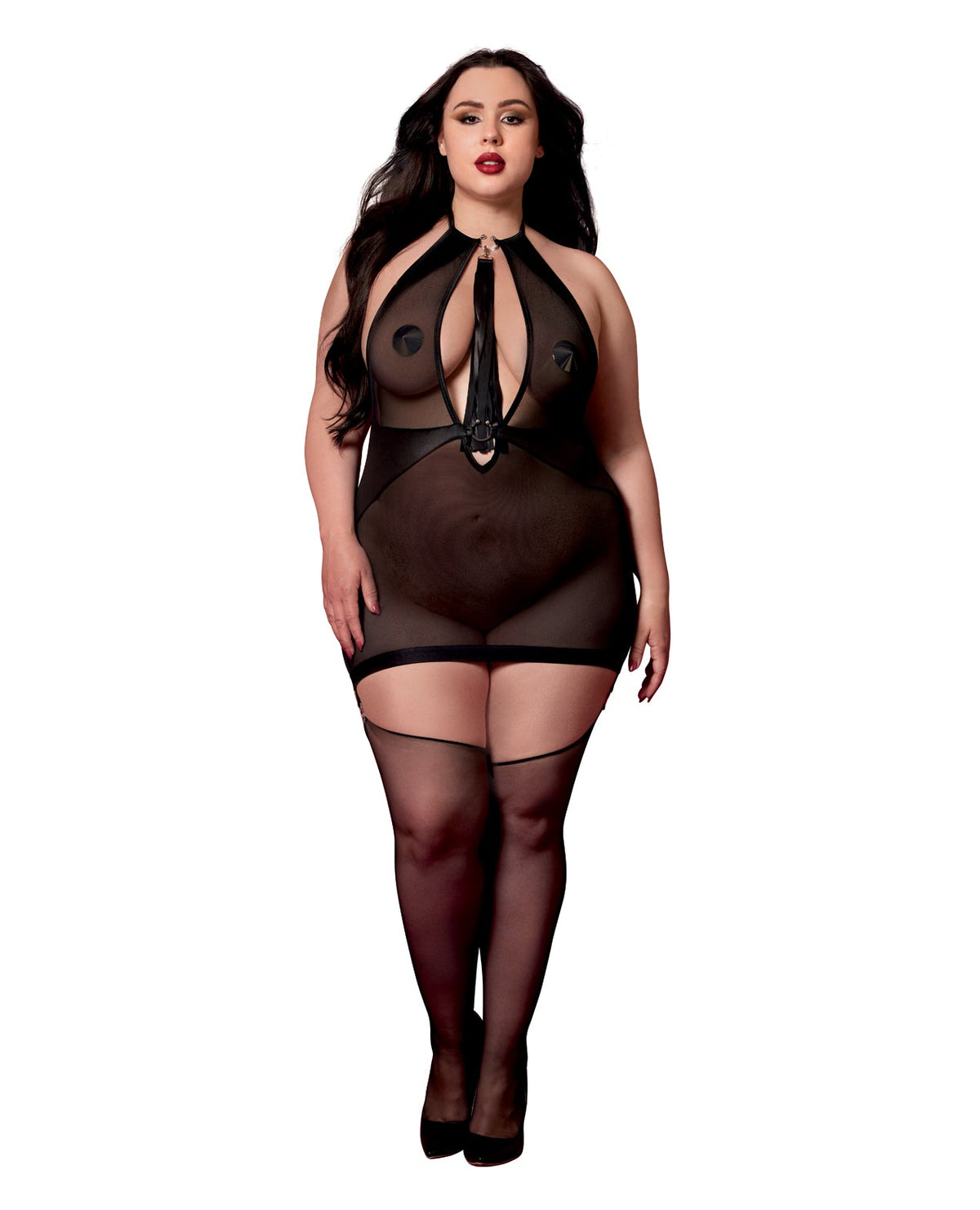Stretch Mesh and Faux Leather Gartered Chemise w/Removable Flogger - Black QN | Shop Lowest Prices at fonlove.shop