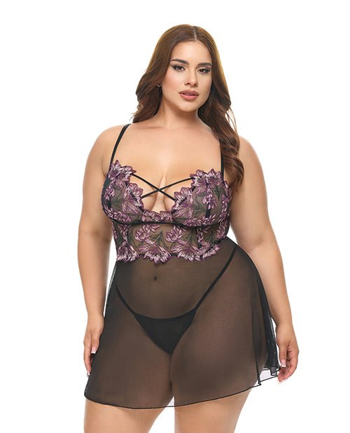 Adela Embroidered Boned Lace and Mesh Babydoll w/G - String 2 pc Set - Black/Pink 2X | Shop Lowest Prices at fonlove.shop