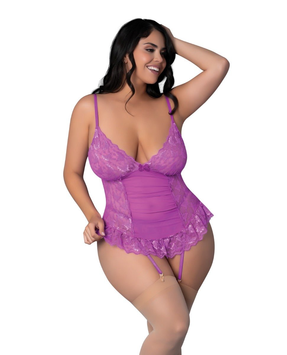 Butterfly Fantasies Gathered Corset w/Cheeky Panty & Attached Garters 2 pc Set - Neon Purple QN | Shop Lowest Prices at fonlove.shop