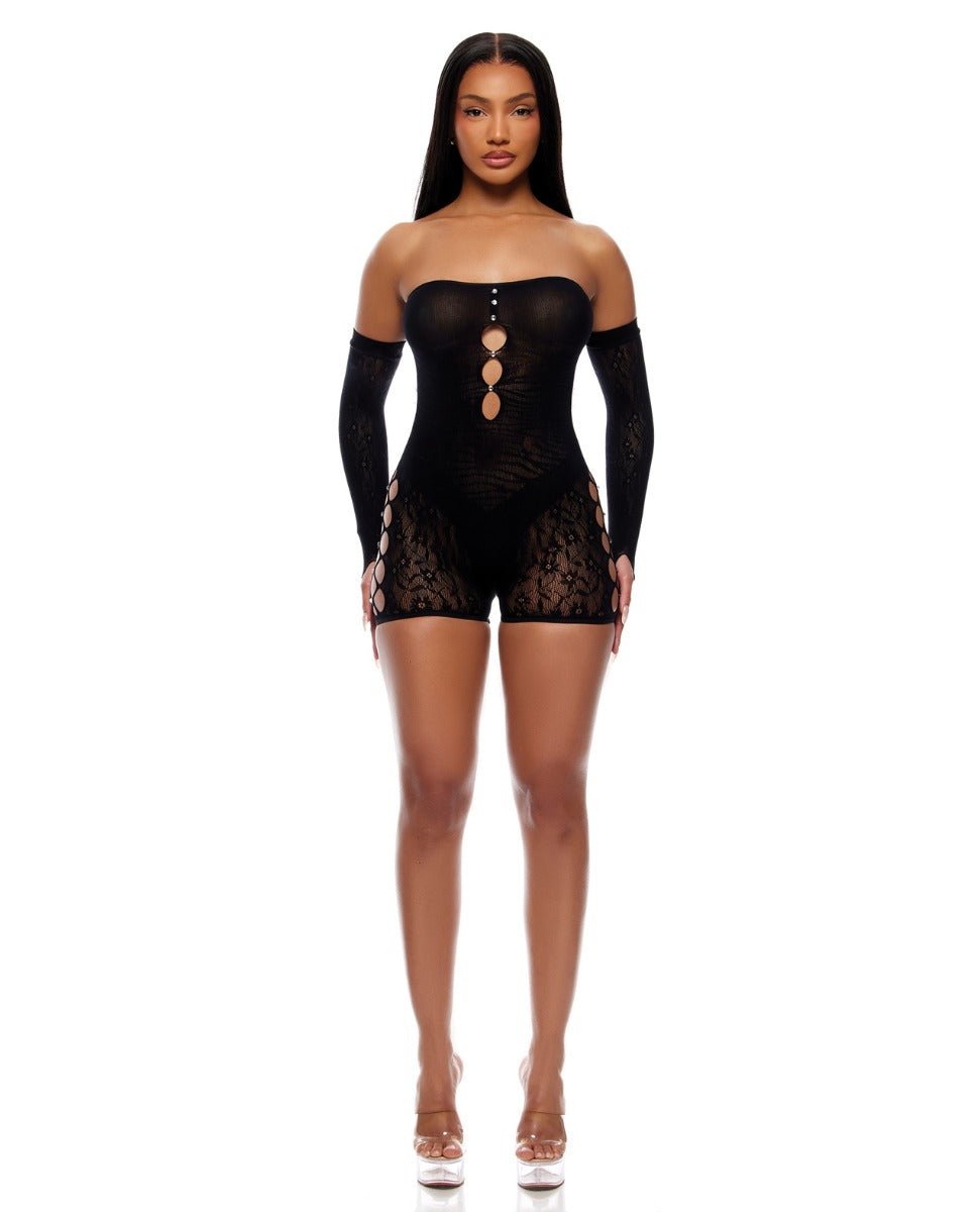Cross Your Mind Romper Bodystocking w/Rhinestone Details & Gloves 2 pc Set - Black QN | Shop Lowest Prices at fonlove.shop
