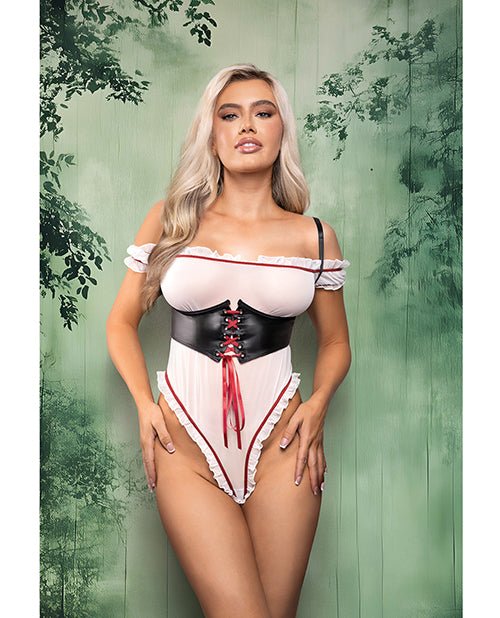 Dangerous Darling Sheer Mesh Ruffle Teddy w/Waist Cincher & Hooded Cape 3 pc Set - Black/White M/L | Shop Lowest Prices at fonlove.shop