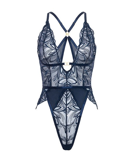 Davina V - Plunge Embroidered Teddy w/Double Ring Charm - Navy XL | Shop Lowest Prices at fonlove.shop