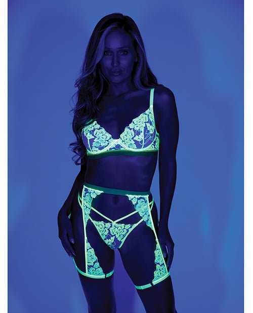 Embroidered Floral Lace Bra w/Thong & Chaps Blacklight Reactive 3 pc Set - Yellow SM | Shop Lowest Prices at fonlove.shop