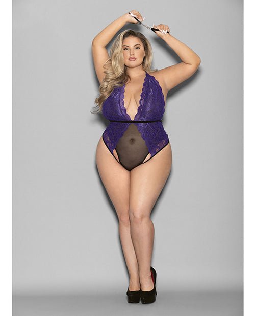 Euphoria Halter Lace & Mesh Teddy w/Wrist Restraints Purple/Black QN | Shop Lowest Prices at fonlove.shop