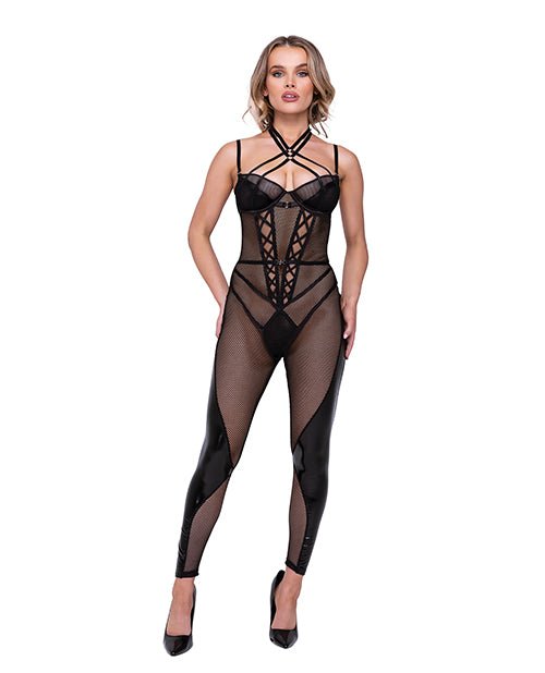 Flirty Fetish Fishnet & Faux Leather Catsuit W/satin Trim Black | Shop Lowest Prices at fonlove.shop