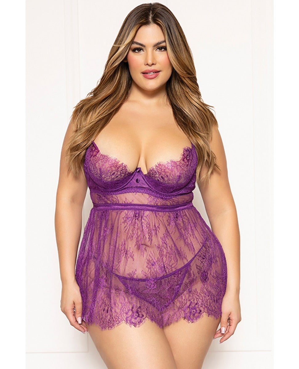 Floral Eyelash Lace Underwire Babydoll w/Thong 2 pc Set - Purple 3X/4X | Shop Lowest Prices at fonlove.shop