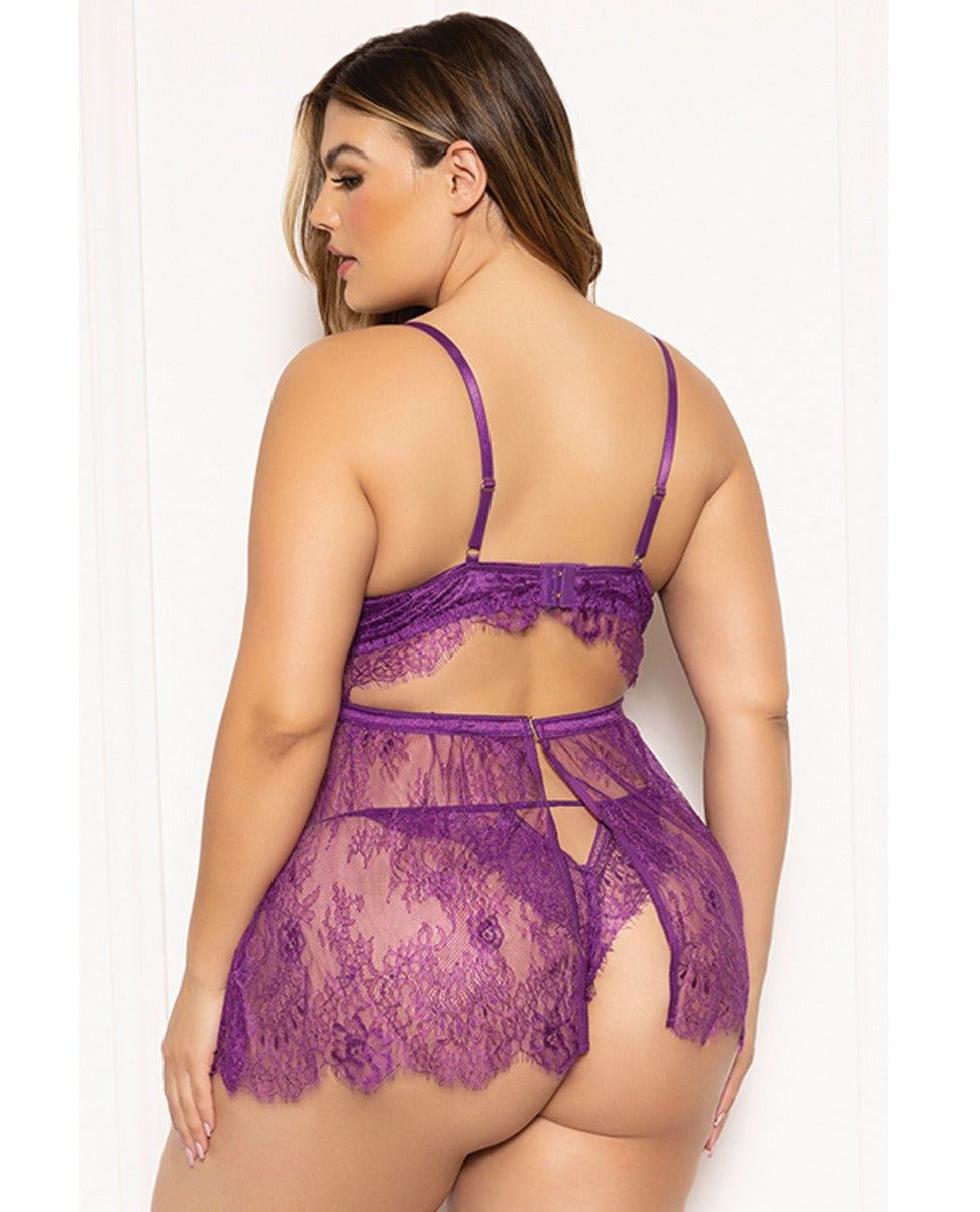 Floral Eyelash Lace Underwire Babydoll w/Thong 2 pc Set - Purple 3X/4X | Shop Lowest Prices at fonlove.shop