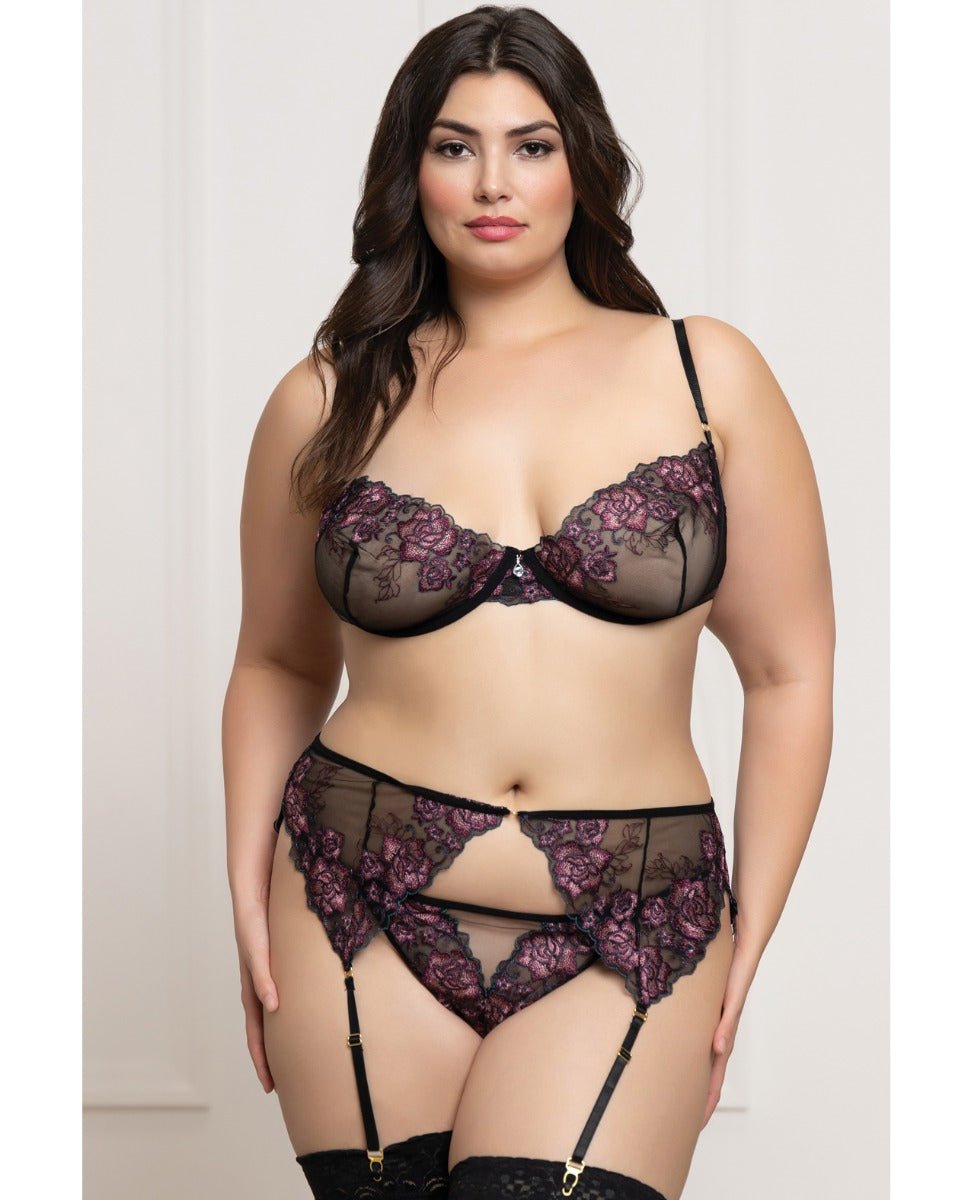 Floral Lace and Mesh Underwire Bra w/Garter & Thong 3 pc Set - Black/Purple 3X/4X | Shop Lowest Prices at fonlove.shop