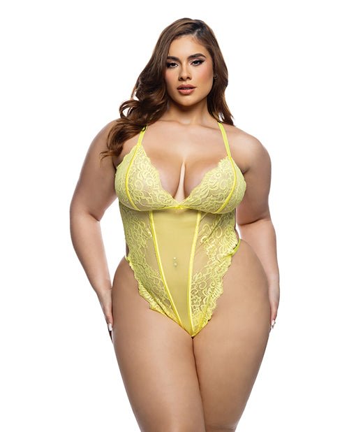 Kiss & Bloom Floral Eyelash Lace and Mesh Teddy - Yellow 1X | Shop Lowest Prices at fonlove.shop