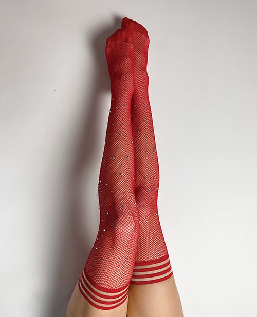 Kix'ies Joely Fishnet Rhinestone Thigh High Red B | Shop Lowest Prices at fonlove.shop