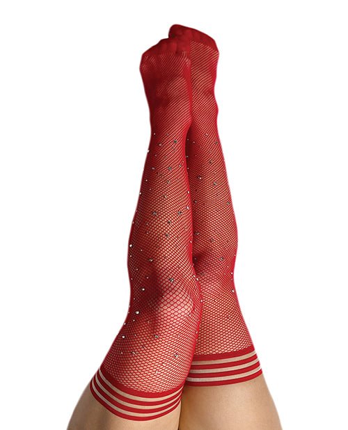 Kix'ies Joely Fishnet Rhinestone Thigh High Red C | Shop Lowest Prices at fonlove.shop