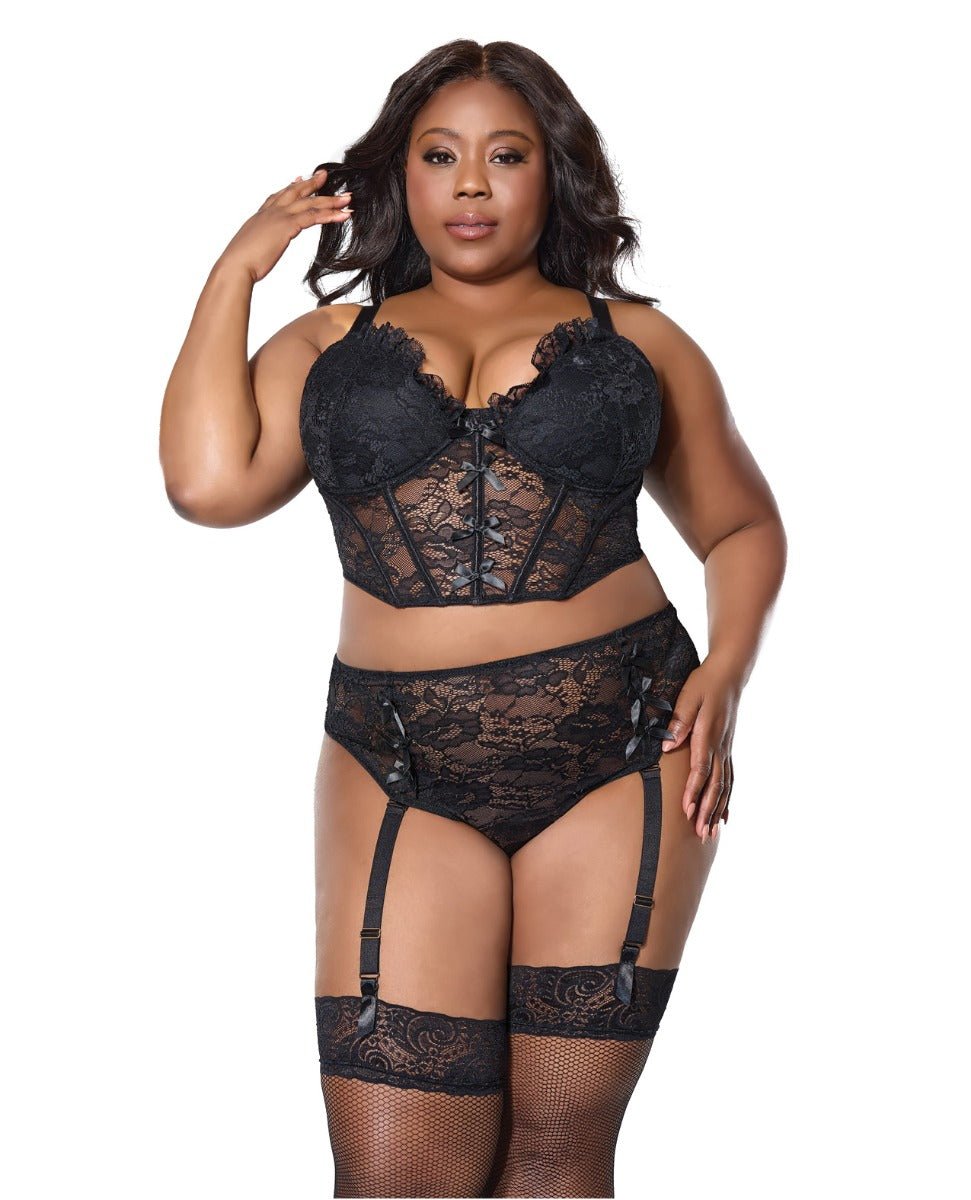 Lace Bustier w/Padded Cups & Gartered Thong Panty 2 pc Set - Black 1X/2X | Shop Lowest Prices at fonlove.shop