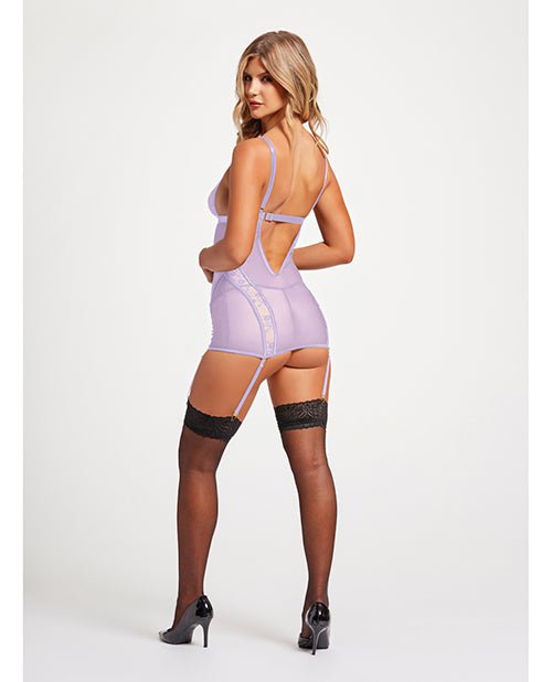 Lace & Mesh Triangle Cup Chemise w/Garters & Thong Lavender LG | Shop Lowest Prices at fonlove.shop