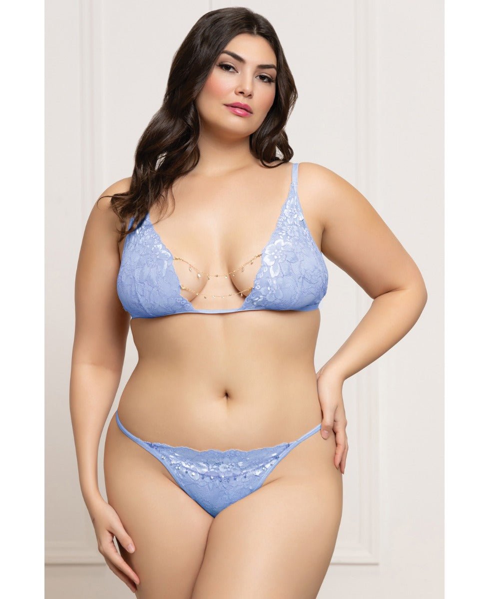 Lace Triangle Top & G - String with Rhinestone Details - Periwinkle Blue QN | Shop Lowest Prices at fonlove.shop