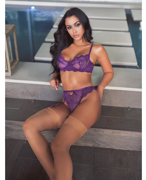 Margo Lace & Mesh Underwire Bra w/Gartered Panty 2 pc Set - Imperial Purple L/XL | Shop Lowest Prices at fonlove.shop