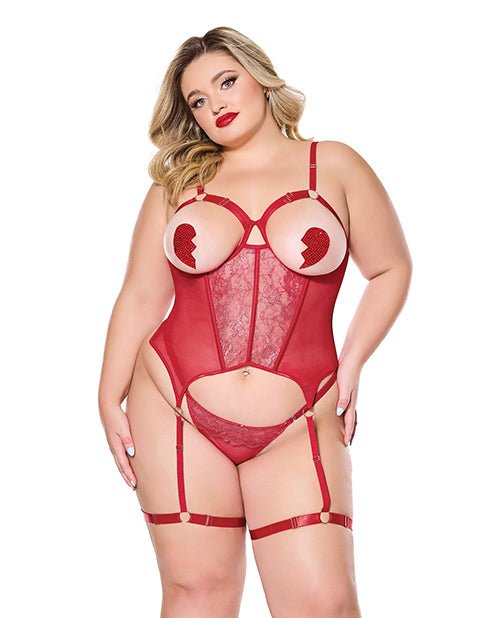 Metallic Stretch Scallop Lace and Mesh Bustier w/Thong - Red 1X/2X | Shop Lowest Prices at fonlove.shop