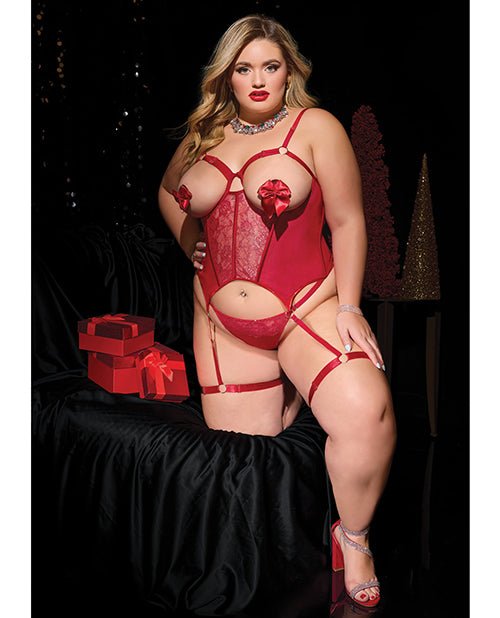 Metallic Stretch Scallop Lace and Mesh Bustier w/Thong - Red 1X/2X | Shop Lowest Prices at fonlove.shop
