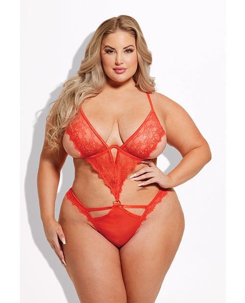 Nadia Lace & Mesh Cutout Teddy - Grenadine Dark Orange 1X/2X | Shop Lowest Prices at fonlove.shop