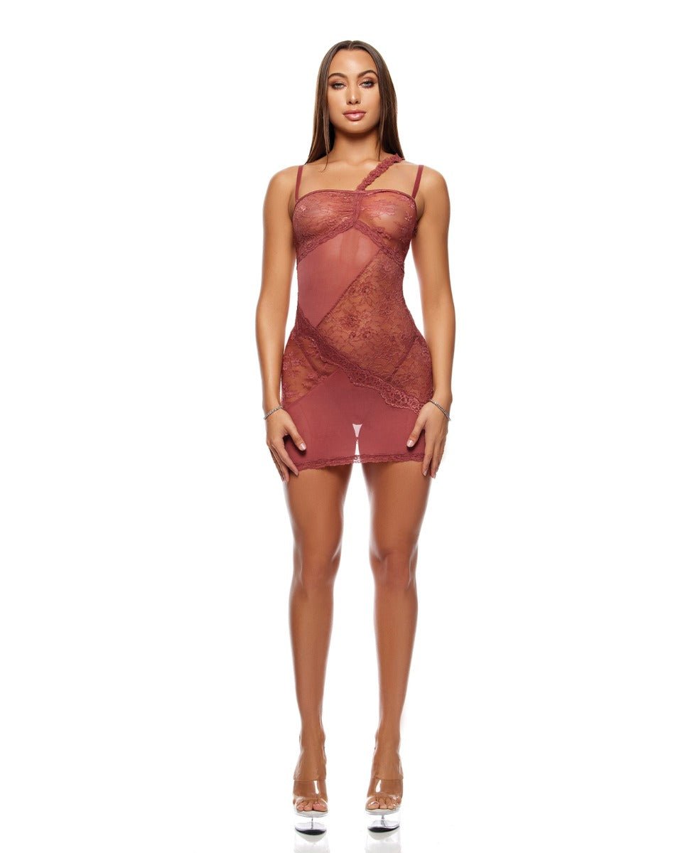 Patch of Petals Sheer Mesh and Lace Chemise w/Thong 2 pc Set - Mauve SM | Shop Lowest Prices at fonlove.shop