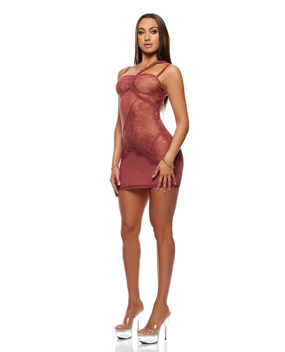 Patch of Petals Sheer Mesh and Lace Chemise w/Thong 2 pc Set - Mauve SM | Shop Lowest Prices at fonlove.shop