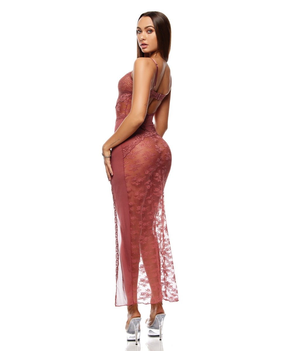 Patch Of Petals Sheer Mesh and Lace Gown w/Thong 2 pc Set - Mauve SM | Shop Lowest Prices at fonlove.shop