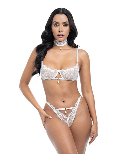 Pearla Lace Underwire Bra & Open Back Panty w/Matching Collar 3 pc Set - White L/XL | Shop Lowest Prices at fonlove.shop