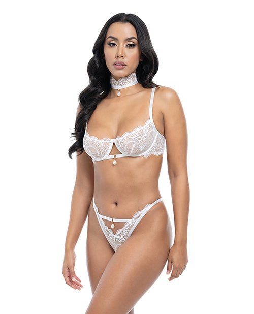Pearla Lace Underwire Bra & Open Back Panty w/Matching Collar 3 pc Set - White L/XL | Shop Lowest Prices at fonlove.shop