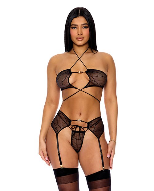 Pull My Strings Mesh Halterneck Bra w/Garter & Panty - Black | Shop Lowest Prices at fonlove.shop