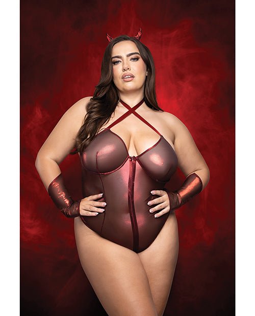 Raising Hell Front Zip Halter Teddy w/Fingerless Gloves & Headband 3 pc Set - Red 1X/2X | Shop Lowest Prices at fonlove.shop