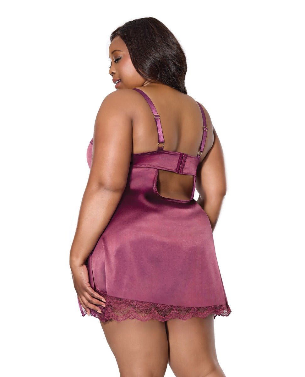Scallop Lace Trimmed Stretch Satin Chemise w/Underwire Cups - Mauve Plum 3X/4X | Shop Lowest Prices at fonlove.shop