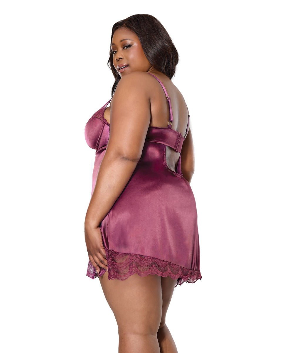 Scallop Lace Trimmed Stretch Satin Chemise w/Underwire Cups - Mauve Plum 3X/4X | Shop Lowest Prices at fonlove.shop