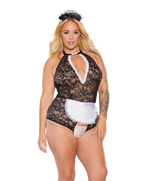 Scallop Stretch Lace Crotchless Maid Teddy w/Headpiece Black/White OS/XL | Shop Lowest Prices at fonlove.shop