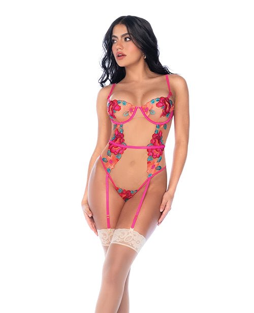 Seductive Garden Floral Mesh Teddy w/Attached Garters - Multi - Color L/XL | Shop Lowest Prices at fonlove.shop