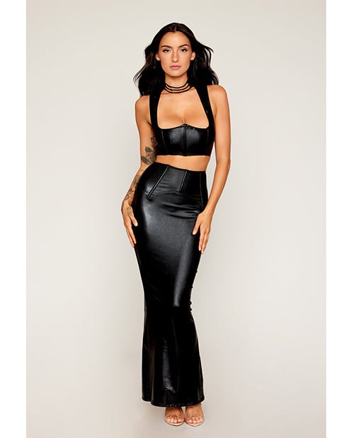 Stretch Faux Leather Harness Bra & Long Slip Skirt - Black | Shop Lowest Prices at fonlove.shop