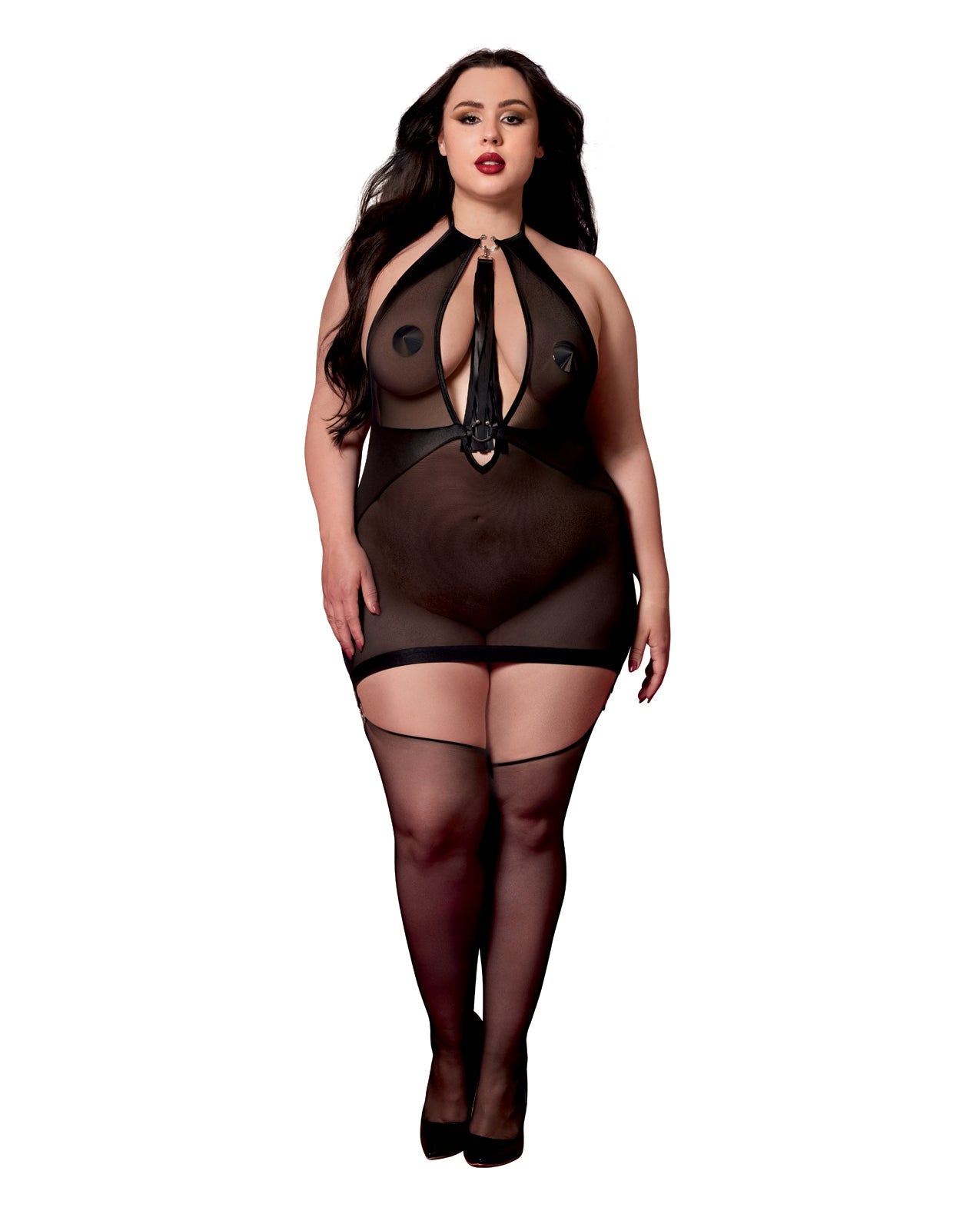 Stretch Mesh and Faux Leather Gartered Chemise w/Removable Flogger - Black QN | Shop Lowest Prices at fonlove.shop