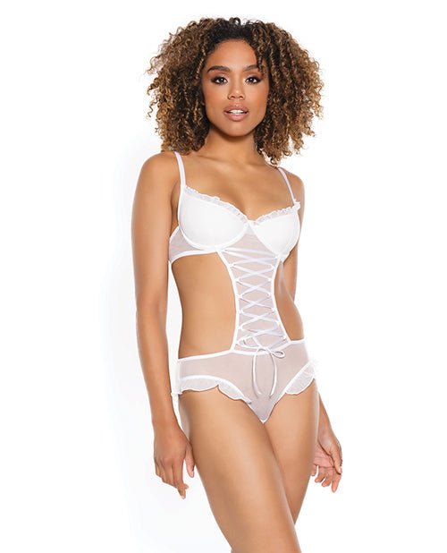 Stretch Mesh Ruffled Crotchless Teddy White LG | Shop Lowest Prices at fonlove.shop