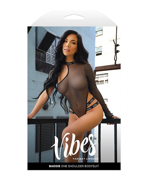 Vibes Baddie Glitter Mesh Bodysuit w/One Shoulder Long Sleeve & Snap Closure - Black S/M | Shop Lowest Prices at fonlove.shop