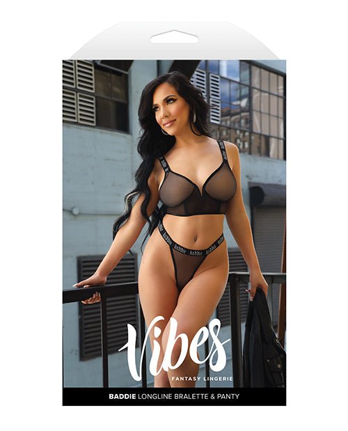 Vibes Baddie Glitter Mesh Long Line Bralette & Thong Black L/XL | Shop Lowest Prices at fonlove.shop